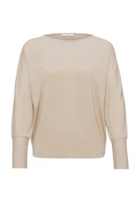 Pull beige en maille avec une coupe décontractée, un col large et des manches trois-quarts finies par des poignets côtelés. La texture semble douce avec des rayures subtiles.