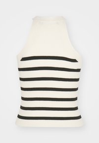 Ribbed, ilman hihoja oleva paita, jossa on vaakasuoria mustia raitoja luonnonvalkoisella taustalla. Korkea kaula-aukko ja vartalonmyötäinen muoto.