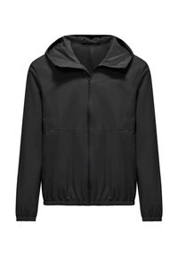Giacca leggera nera con cappuccio, chiusura frontale con zip, polsini e orlo elastici, caratterizzata da una finitura liscia e opaca senza motivi visibili.