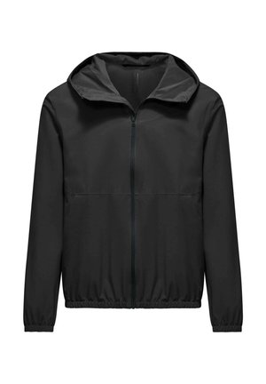 Giacca leggera nera con cappuccio, chiusura frontale con zip, polsini e orlo elastici, caratterizzata da una finitura liscia e opaca senza motivi visibili.