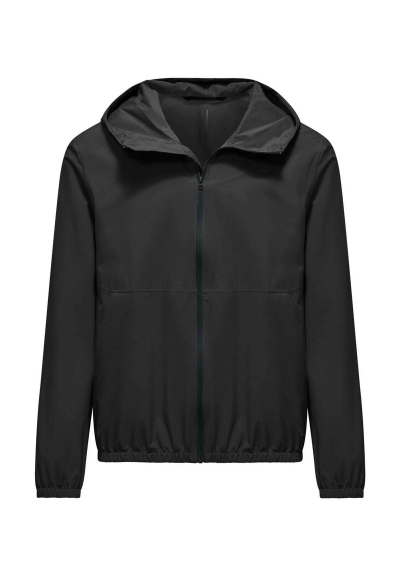 Giacca leggera nera con cappuccio, chiusura frontale con zip, polsini e orlo elastici, caratterizzata da una finitura liscia e opaca senza motivi visibili.