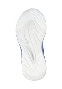 Soletta della scarpa con un design blu chiaro e bianco. Presenta una base in gomma bianca testurizzata con motivi a onda e un logo del marchio ben in evidenza.