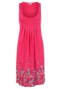 Pink sleeveless dress with a scoop neckline, pleated design, and floral print at the hem in white, blue, and black. Soft fabric texture.