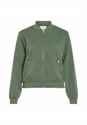 Alyvuogių žalia bombonešio striukė iš lygaus audinio, su auksinės spalvos užtrauktukų kišenėmis, ribinėmis rankogalių detalėmis ir stovinčiu apykakle.