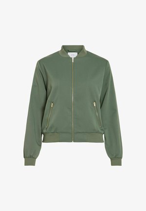 Alyvuogių žalia bombonešio striukė iš lygaus audinio, su auksinės spalvos užtrauktukų kišenėmis, ribinėmis rankogalių detalėmis ir stovinčiu apykakle.