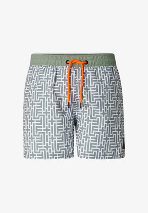 Herre badeshorts med grøn elastisk talje, hvidt og gråt labyrintmønster og lys orange snøre binding foran midt.
