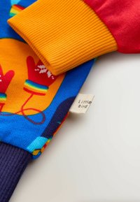 Multifarvede børnehandsker med ribbede manchetter i orange og rød, prydet med legende mønstre af handsker og et label med teksten "Little Bird."
