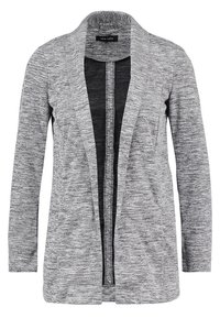 Šedý lehký cardigan s otevřeným předním dílem, dlouhými rukávy a texturovanou pletenou tkaninou. Vyznačuje se měkkým, neformálním designem a pohodlným střihem.