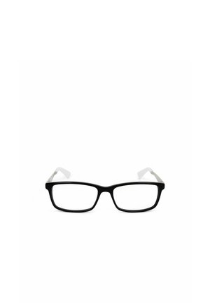 Occhiali rettangolari neri con lenti trasparenti e punte delle aste bianche, mostrati frontalmente su uno sfondo bianco.