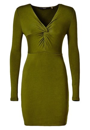 Olijfgroene bodyconjurk met lange mouwen, een gedraaid knoopdetail bij de V-hals en een aangesloten taille.