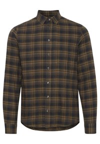 Camisa de cuadro de hombre en gris oscuro y mostaza con collar puntiagudo, mangas largas y cierre frontal de botones. Textura de tela suave.