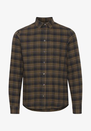 Cămașă pentru bărbați în carouri, de culoare gri închis și muștar, cu guler ascuțit, mâneci lungi și închidere cu butoane în față. Textură moale a materialului.