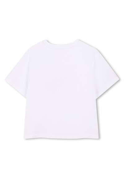 Hvid kortærmet T-shirt med rund hals, vist bagfra, med lige kant og afslappet pasform.