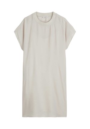 Helles beiges, kurzärmliges Tunika aus weichem Stoff, mit Rundhalsausschnitt und lockerer Passform, mit leicht gerafftem Detail am Ausschnitt.