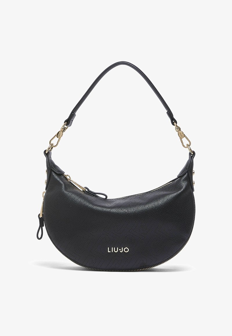 Zwart leren handtas in halve maanvorm met gouden ritssluiting, verstelbare band en "LIU JO" logo aan de voorkant.