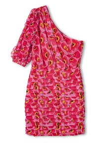 Robe rose à une épaule avec imprimé floral rouge et jaune, manche à volants d'un côté, et plis horizontaux sur la jupe.