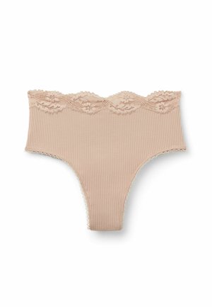Beige hipster string met kant, met ribbelstructuur, gegolfde randen en fijne details langs de tailleband en beenopeningen.