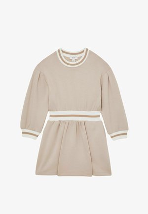Beige lange mouwen jurk met wit en beige gestreepte geribde halslijn, manchetten en taille, met een geplooide rok en zachte stoftextuur.