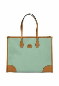Borsa a tracolla in materiale sintetico verde menta con dettagli in pelle color nocciola. Presenta due manici e una forma rettangolare con angoli arrotondati.