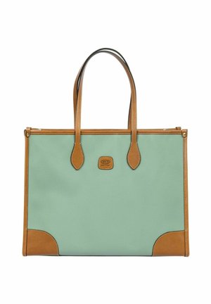 Borsa a tracolla in materiale sintetico verde menta con dettagli in pelle color nocciola. Presenta due manici e una forma rettangolare con angoli arrotondati.