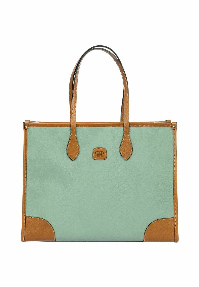 Borsa a tracolla in materiale sintetico verde menta con dettagli in pelle color nocciola. Presenta due manici e una forma rettangolare con angoli arrotondati.