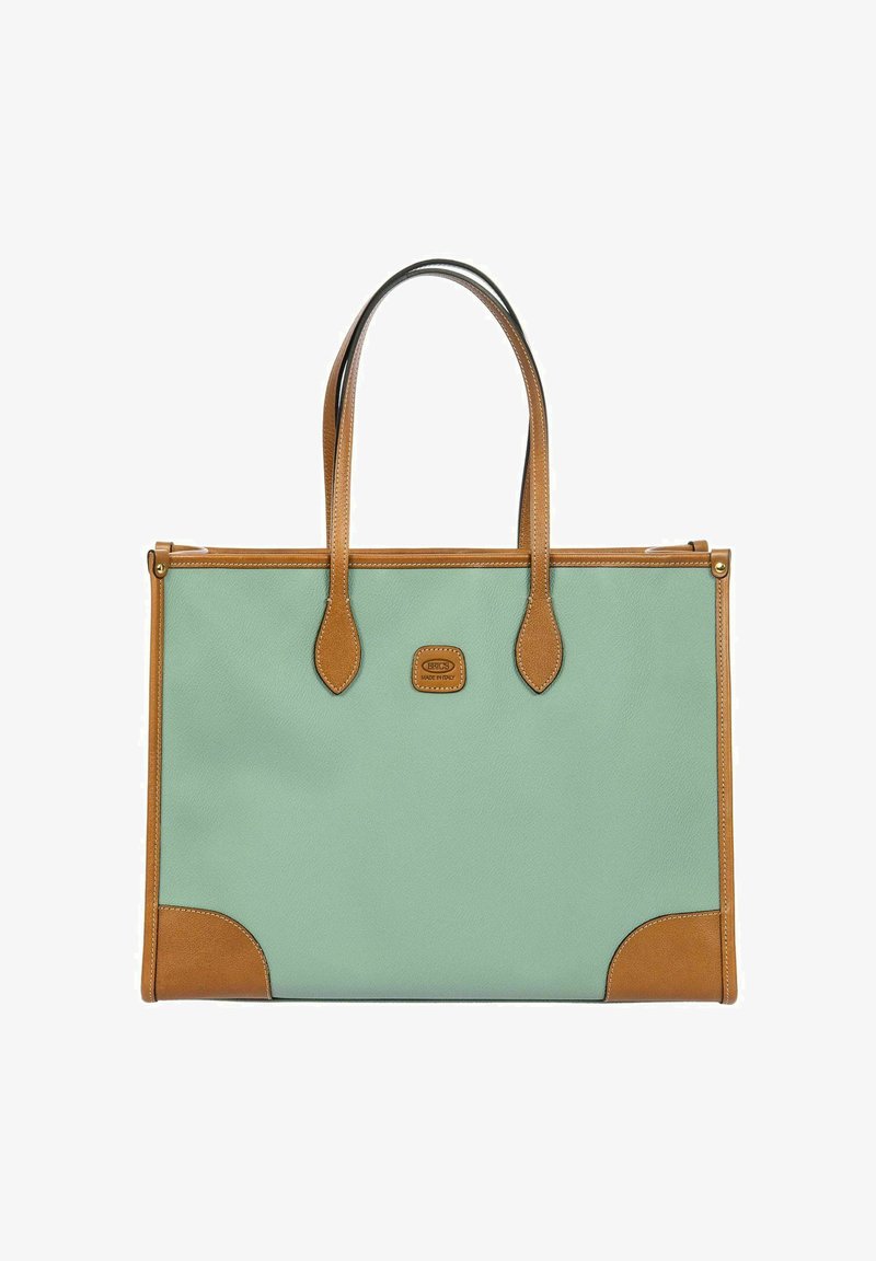 Borsa a tracolla in materiale sintetico verde menta con dettagli in pelle color nocciola. Presenta due manici e una forma rettangolare con angoli arrotondati.