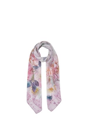 Sciarpa leggera in chiffon con una morbida stampa floreale rosa e foglie sottili blu e beige, drappeggiata a giro.