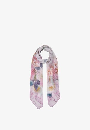 Sciarpa leggera in chiffon con una morbida stampa floreale rosa e foglie sottili blu e beige, drappeggiata a giro.