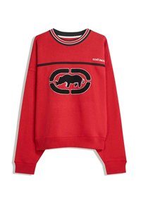 Felpa rossa con scollatura a girocollo, presenta una grafica in bianco e nero di un rinoceronte e un logo. Realizzata in una miscela di cotone con polsini a costine.