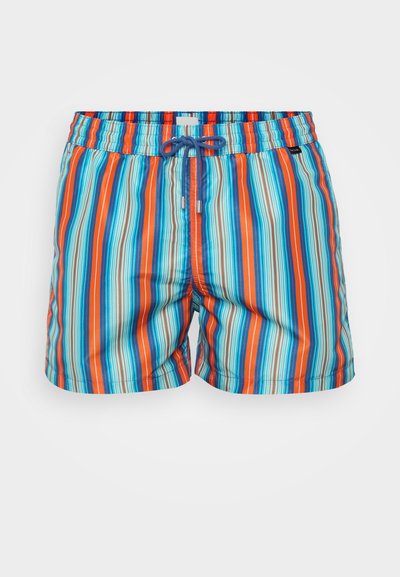 Badedrakt med elastisk midje, prydet med vertikale striper i blå, oransje og turkis. Lett, pustende stoff og snøring.