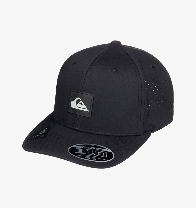 Mustat baseball-lippis, jossa on kaareva lippa, valmistettu kankaasta, jonka sivuilla on reikärakenne, ja etuosassa on logopatch.