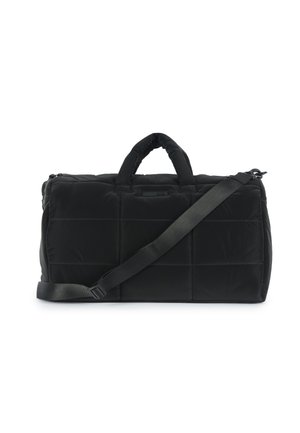 Borsa duffel nera imbottita con due manici superiori e una tracolla staccabile. Presenta una texture trapuntata e una chiusura con zip.