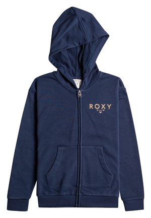 Marineblauwe hoodie met rits, gemaakt van zacht materiaal, met een voorkantzak, geribbelde mouwen en een capuchon met trekkoord. Voorzien van het "ROXY"-logo in goud op de borst.