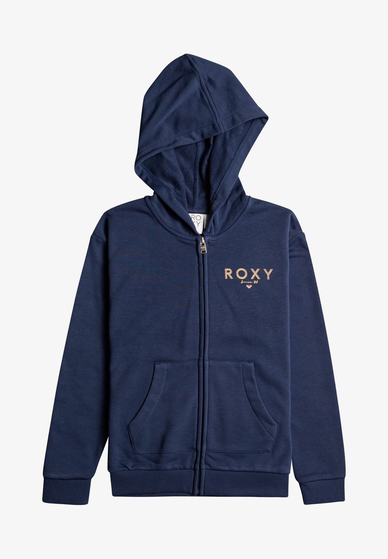 Sweat à capuche zippé marine en matière douce avec une poche avant, des poignets côtelés et une capuche avec cordon de serrage. Logo "ROXY" en or sur la poitrine.