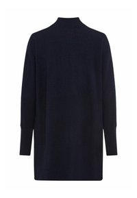 Maglione lavorato a maglia blu navy con colletto alto, maniche lunghe e polsini a costine. Presenta una silhouette dritta e una finitura testurizzata.