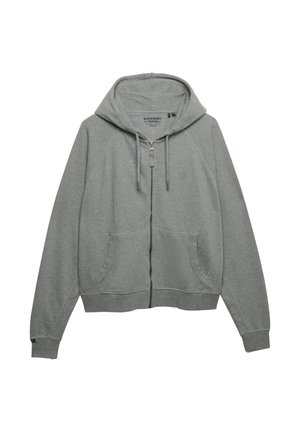 Grauer Kapuzenpullover mit Reißverschluss, Kordelzug an der Kapuze, Vordertaschen und gerippten Bündchen, vor weißem Hintergrund dargestellt.