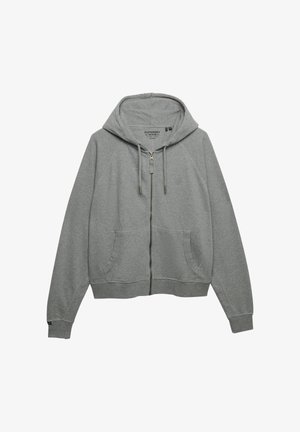Grijze hoodie met ritssluiting, capuchon met trekkoord, voorzakken en geribde manchetten, getoond tegen een witte achtergrond.