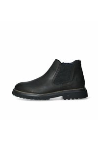 Stivaletto in pelle nera con pannelli elastici laterali, suola robusta, cuciture decorative e dettagli in tessuto a contrasto nella parte superiore.