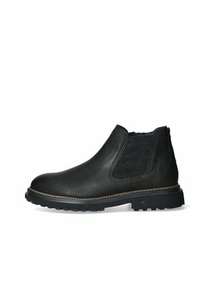 Stivaletto in pelle nera con pannelli elastici laterali, suola robusta, cuciture decorative e dettagli in tessuto a contrasto nella parte superiore.