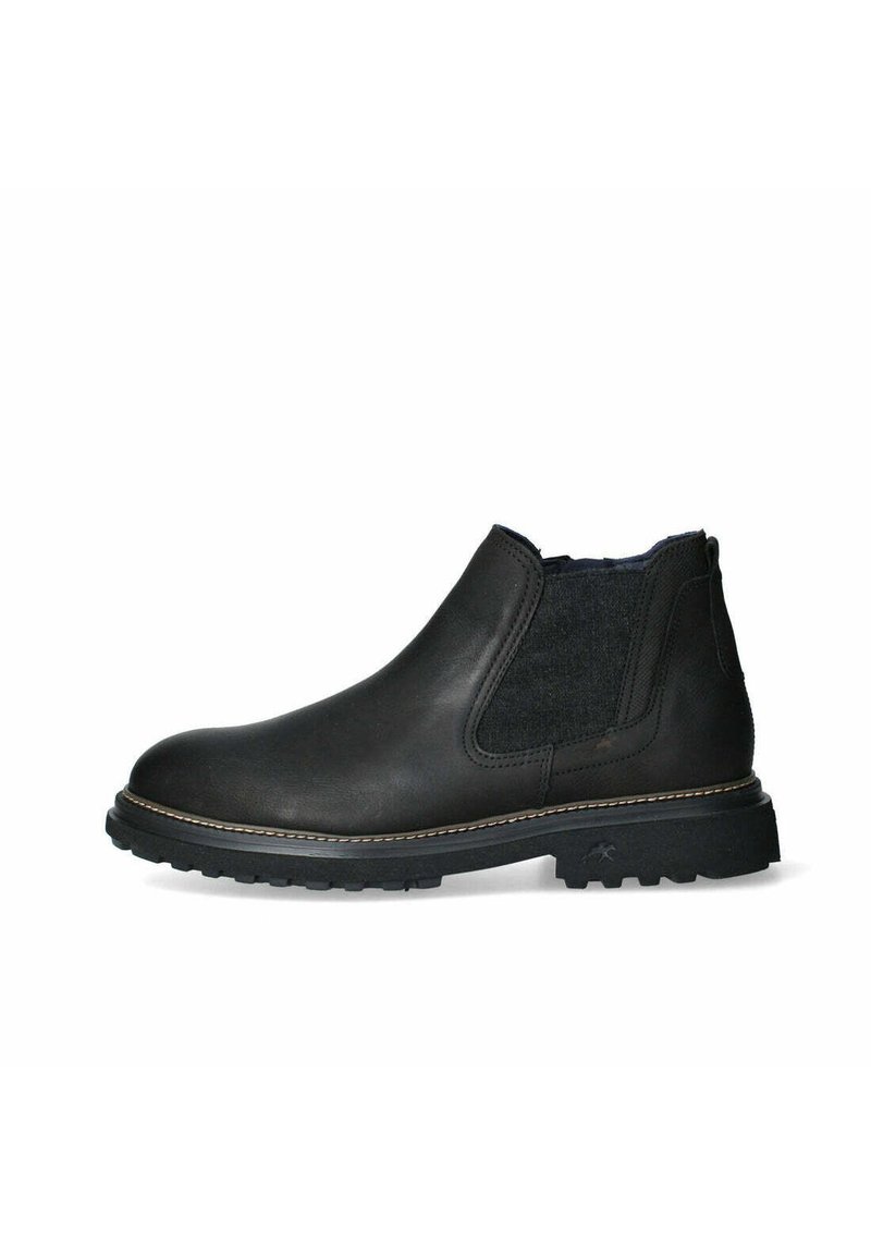Stivaletto in pelle nera con pannelli elastici laterali, suola robusta, cuciture decorative e dettagli in tessuto a contrasto nella parte superiore.