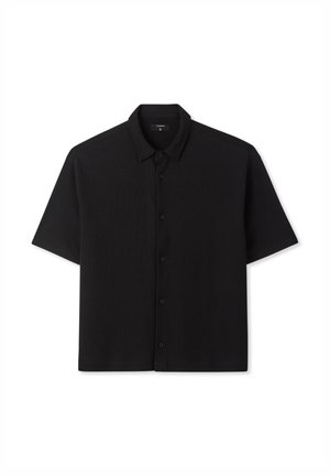 Camicia nera a maniche corte con tessuto strutturato, chiusura con bottoni e colletto. Design semplice senza motivi o dettagli aggiuntivi.
