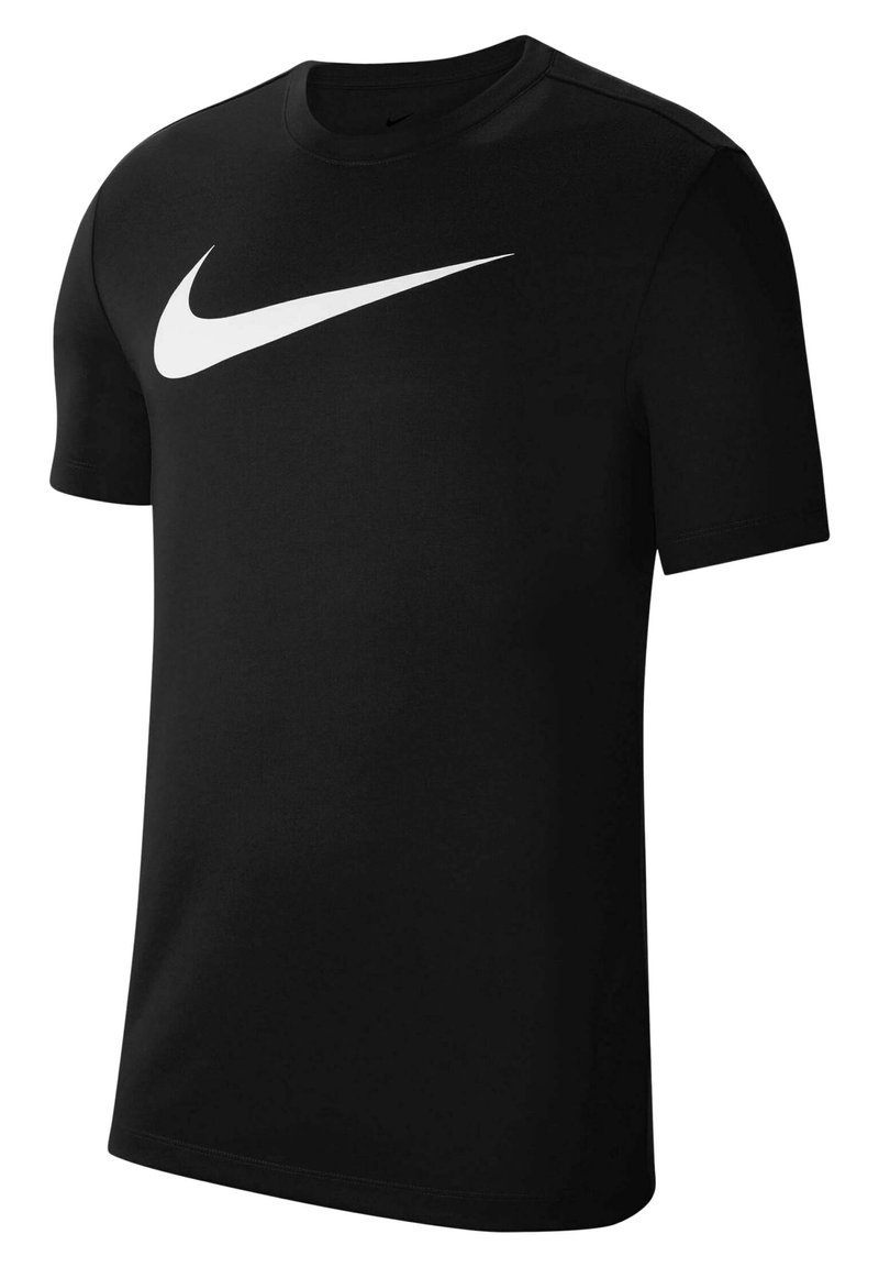 Zwarte katoenen T-shirt met een groot wit Nike swoosh-logo over de borst. Korte mouwen en een ronde hals.
