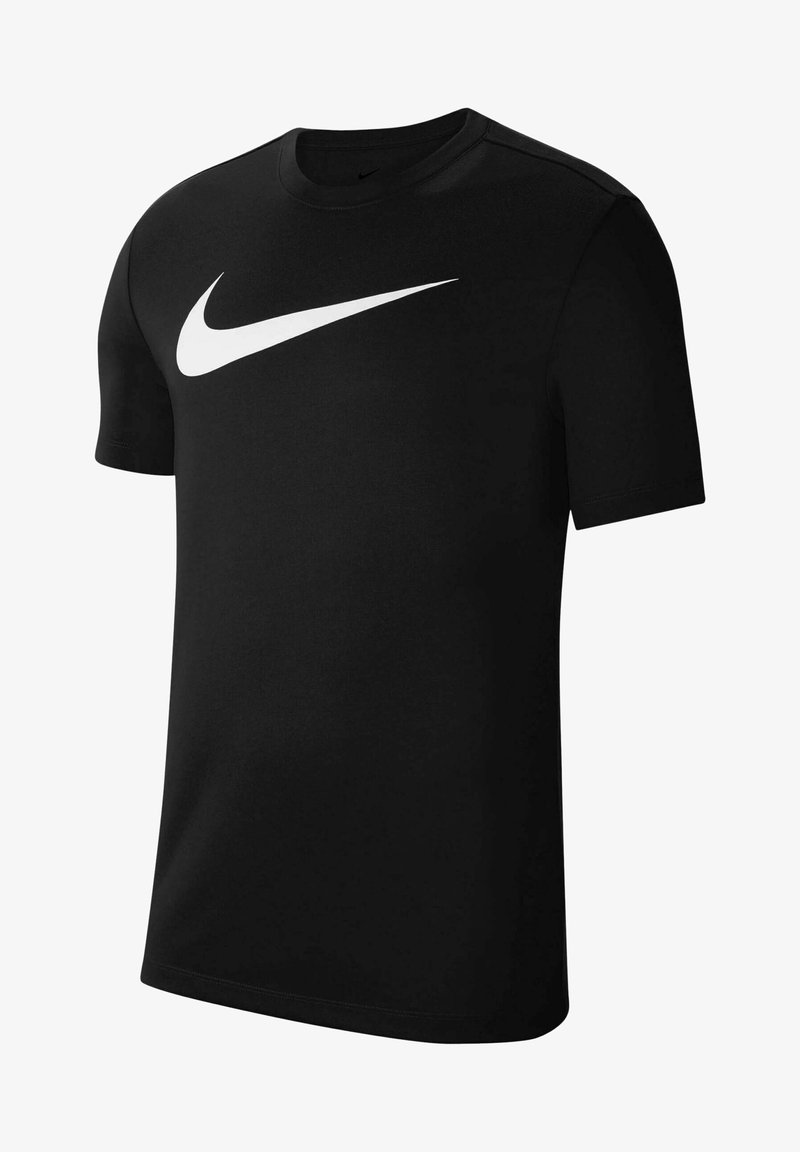 T-shirt in cotone nero con un grande logo Nike swoosh bianco sul petto. Maniche corte e design con colletto rotondo.