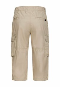 Beige knee-length cargo shorts with back slit pockets and side flap pockets, featuring belt loops and a relaxed fit.