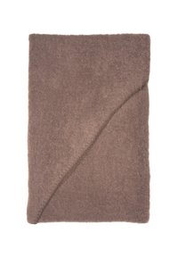 Braune, gefaltete Decke aus weichem, strukturiertem Stoff. Verfügt über ein schlichtes Design mit leicht gebogener Kante. Keine sichtbaren Muster oder Beschläge.