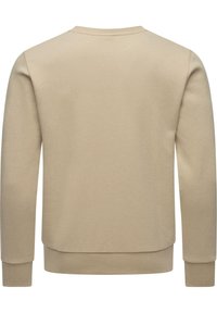Beige színű pulóver hosszú ujjal, bordás kerek nyakkivágással és mandzsettával. Simább, puha textúrájú, egyenes aljjal, látható minták nélkül.