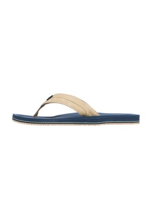Tan flip-flop with a smooth textile strap and blue rubber sole, featuring a minimal design and textured outsole for grip.