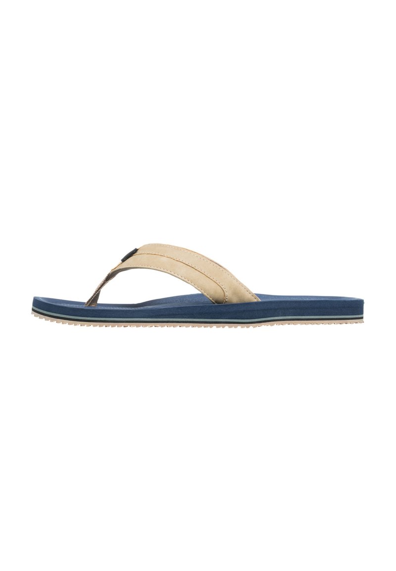 Infradito beige con una fascia in tessuto liscio e suola in gomma blu, caratterizzati da un design minimal e suola testurizzata per una maggiore aderenza.