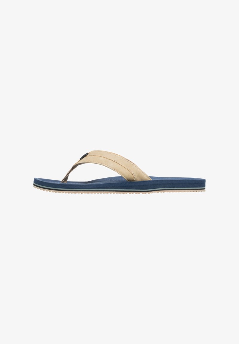 Infradito beige con una fascia in tessuto liscio e suola in gomma blu, caratterizzati da un design minimal e suola testurizzata per una maggiore aderenza.