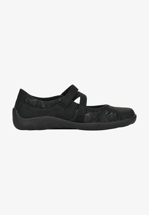 Chaussures noires avec un motif floral, sangles pour un ajustement sécurisé, bout arrondi, semelle flexible et matériau texturé pour le confort.